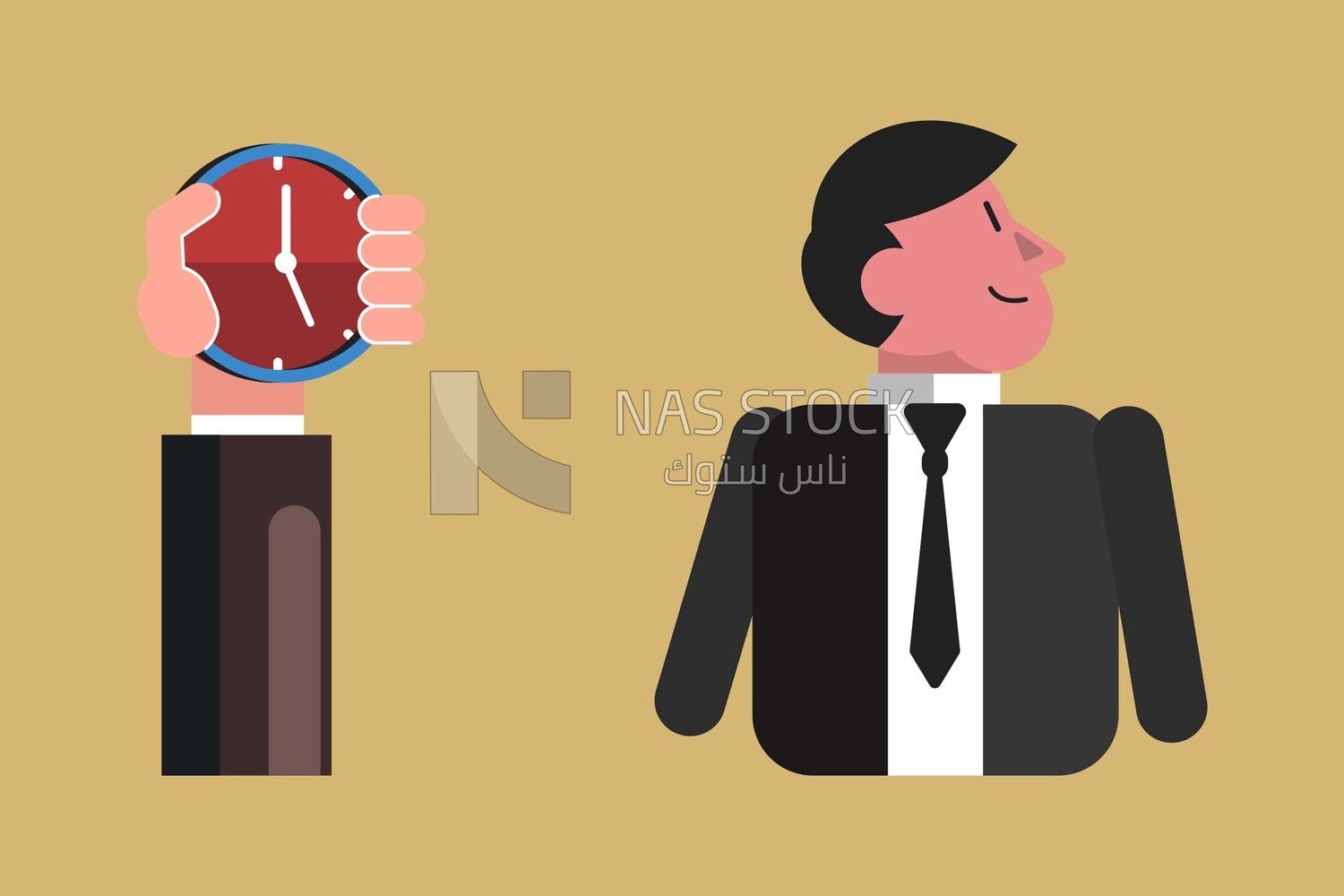 Character of a man wearing a suit beside a hand holding a watch, vector illustrator