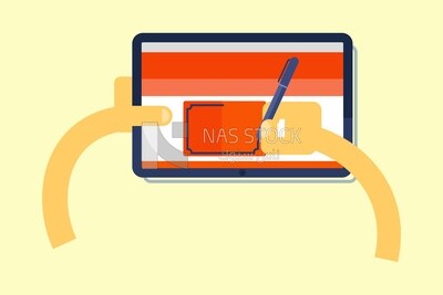يد تحمل جهازًا لوحيًا وترسم عليه ، أيقونات ورموز، فيكتور اليستريتور
