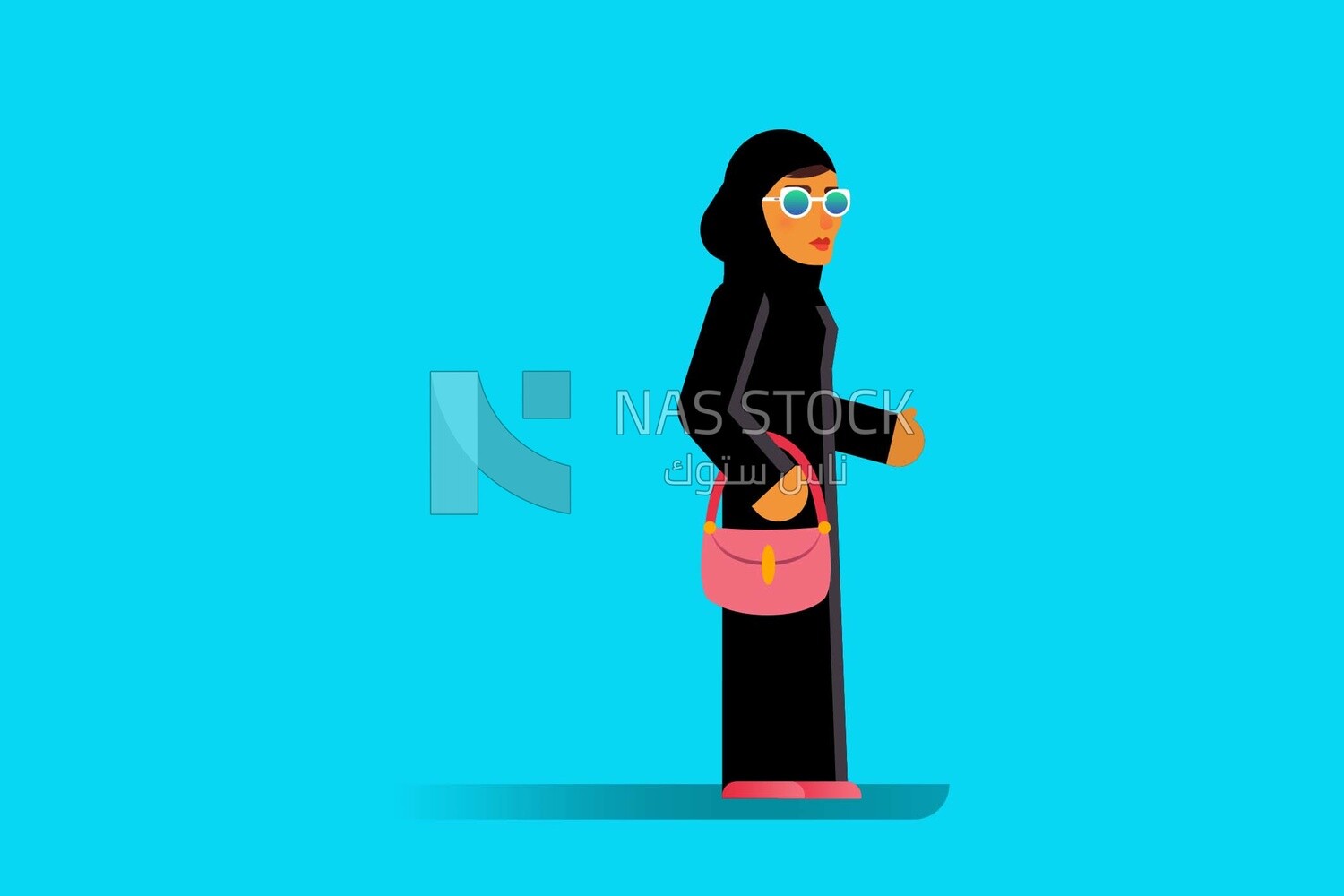 Character of a saudi woman wearing a black abaya and holding a pink bag, vector illustrator