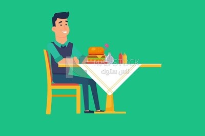 Character of a man sitting on the table with food on it, vector illustrator