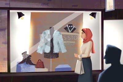 Character of a woman standing in front of a clothes store, vector illustrator