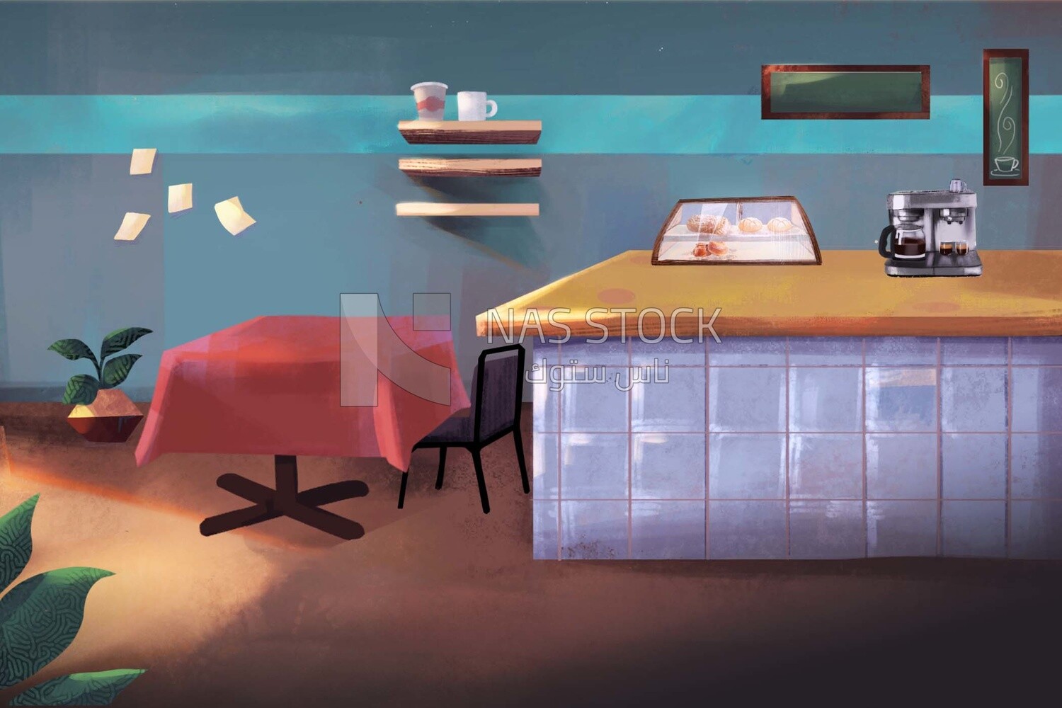 Room with a chair and table, shop counter, desserts, coffee machine, and other, vector illustrator