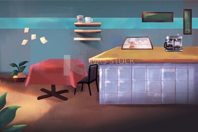 Room with a chair and table, shop counter, desserts, coffee machine, and other, vector illustrator