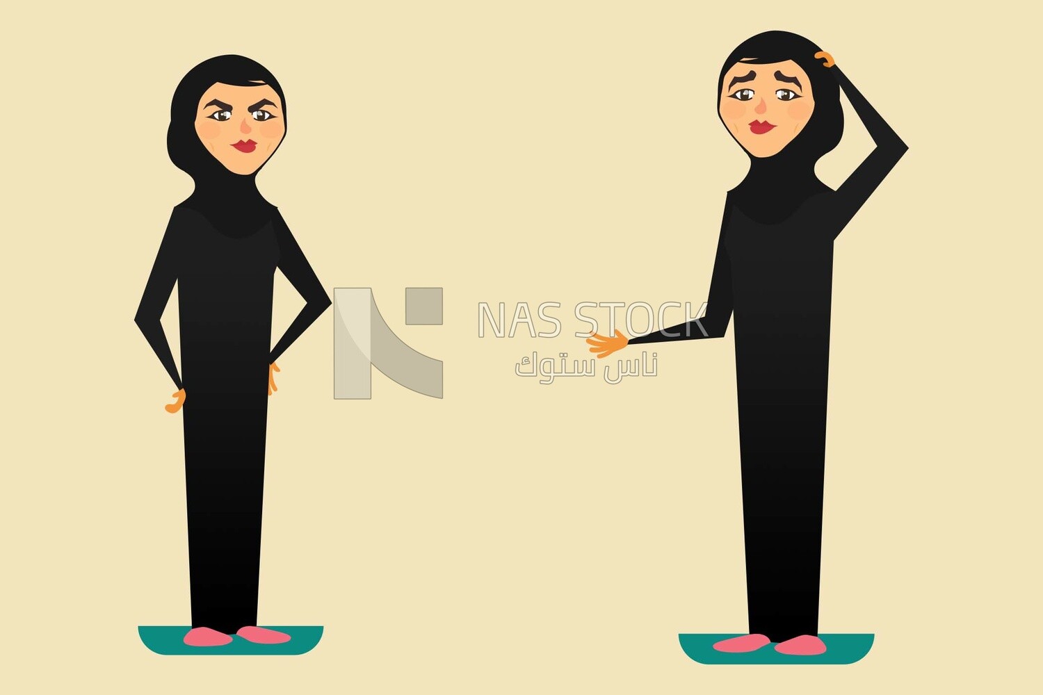 Two characters of Gulf women wearing black abayas with different poses, vector illustrator