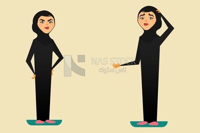 Two characters of Gulf women wearing black abayas with different poses, vector illustrator