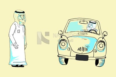 شخصيتان لرجال خليجيين أحدهما يقود السيارة والآخر يمشي، فيكتور اليستريتور