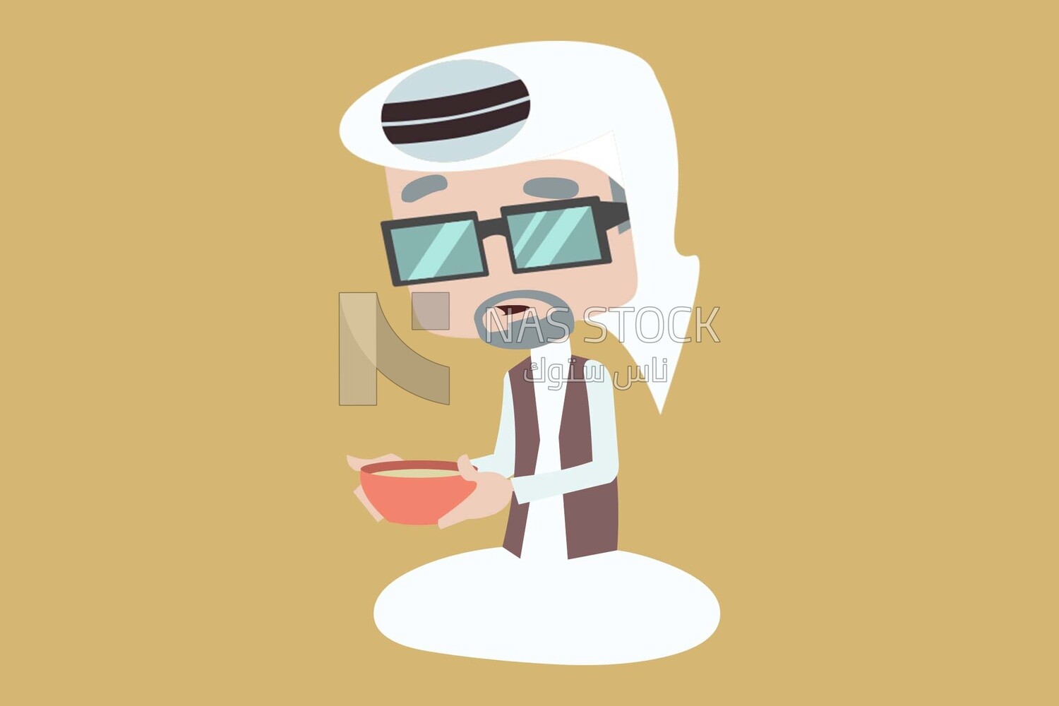 Character of a gulf man sitting on the floor and holding a plate, vector illustrator