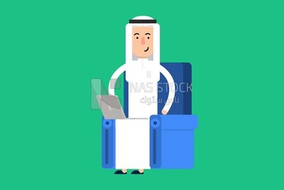 شخصية رجل خليجي يجلس على كرسي ويعمل على الكمبيوتر المحمول، فيكتور اليستريتور