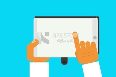 Hand holding a tablet, icons, templates and vector illustrator