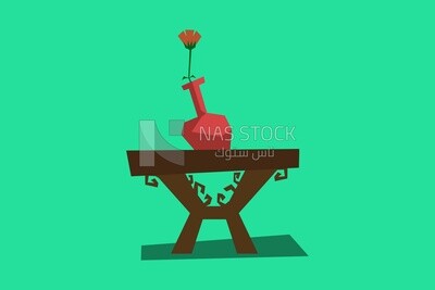 Red vase with a red rose on a table
