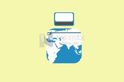 Blue world map in a square shape, graphics, icons, vector illustrator.