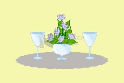 Table with cups and a vase on it, graphics, icons, vector illustrator.