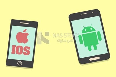 Two phones with a sign of ios on one and a sign of Android on the other on the screen, signs, icons, vector illustrator