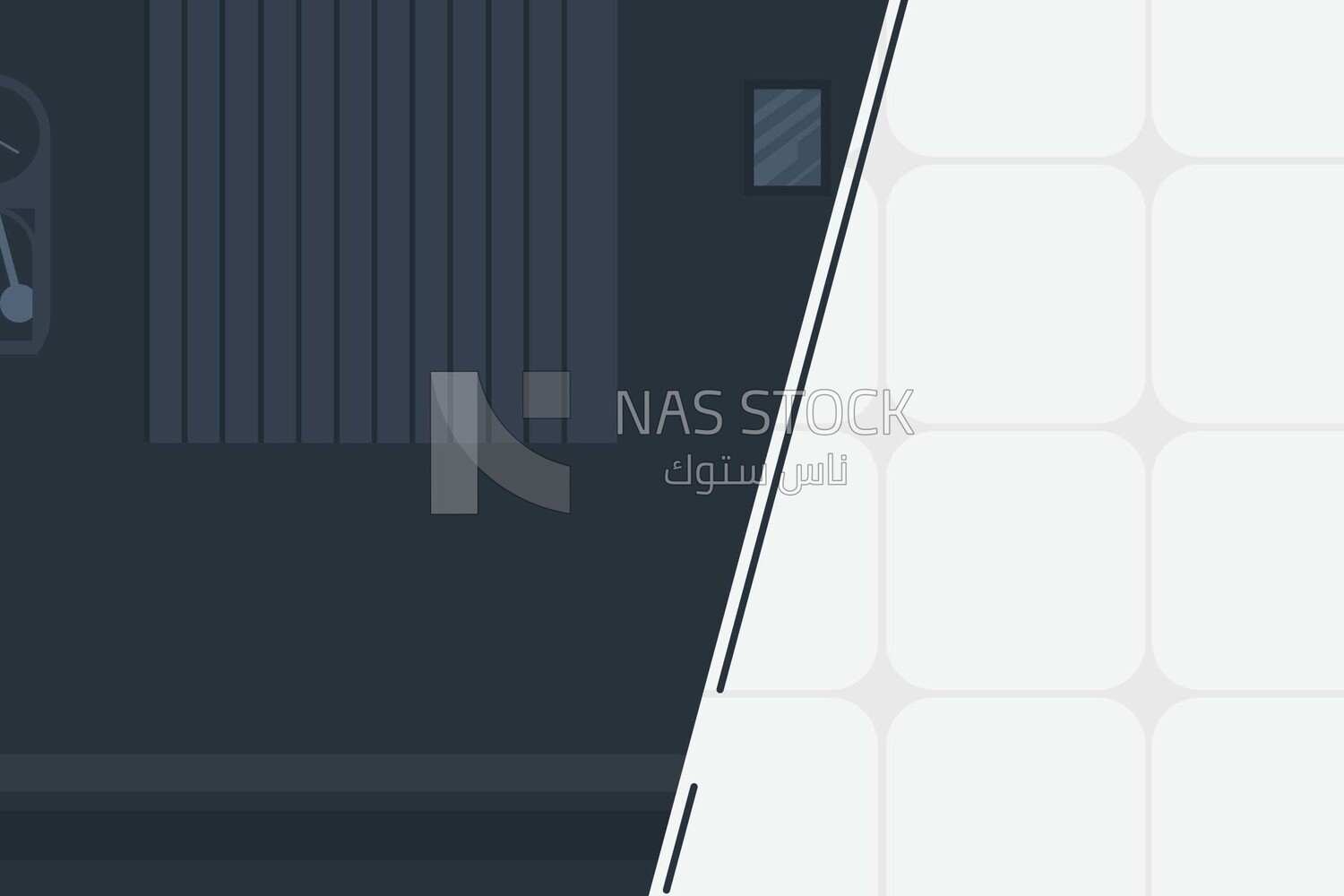 Wall clock and a photo frame on a blue wall beside a half-white background, wallpaper, vector illustrator