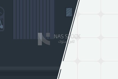 Wall clock and a photo frame on a blue wall beside a half-white background, wallpaper, vector illustrator