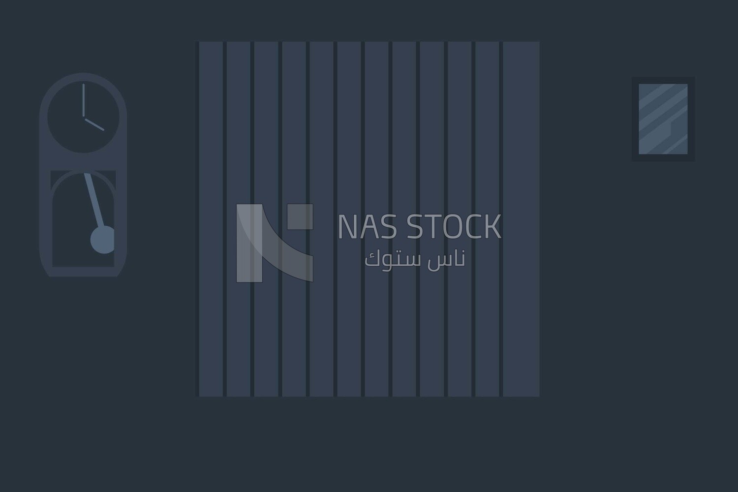 Wall clock and a photo frame on a blue wall, wallpaper, vector illustrator