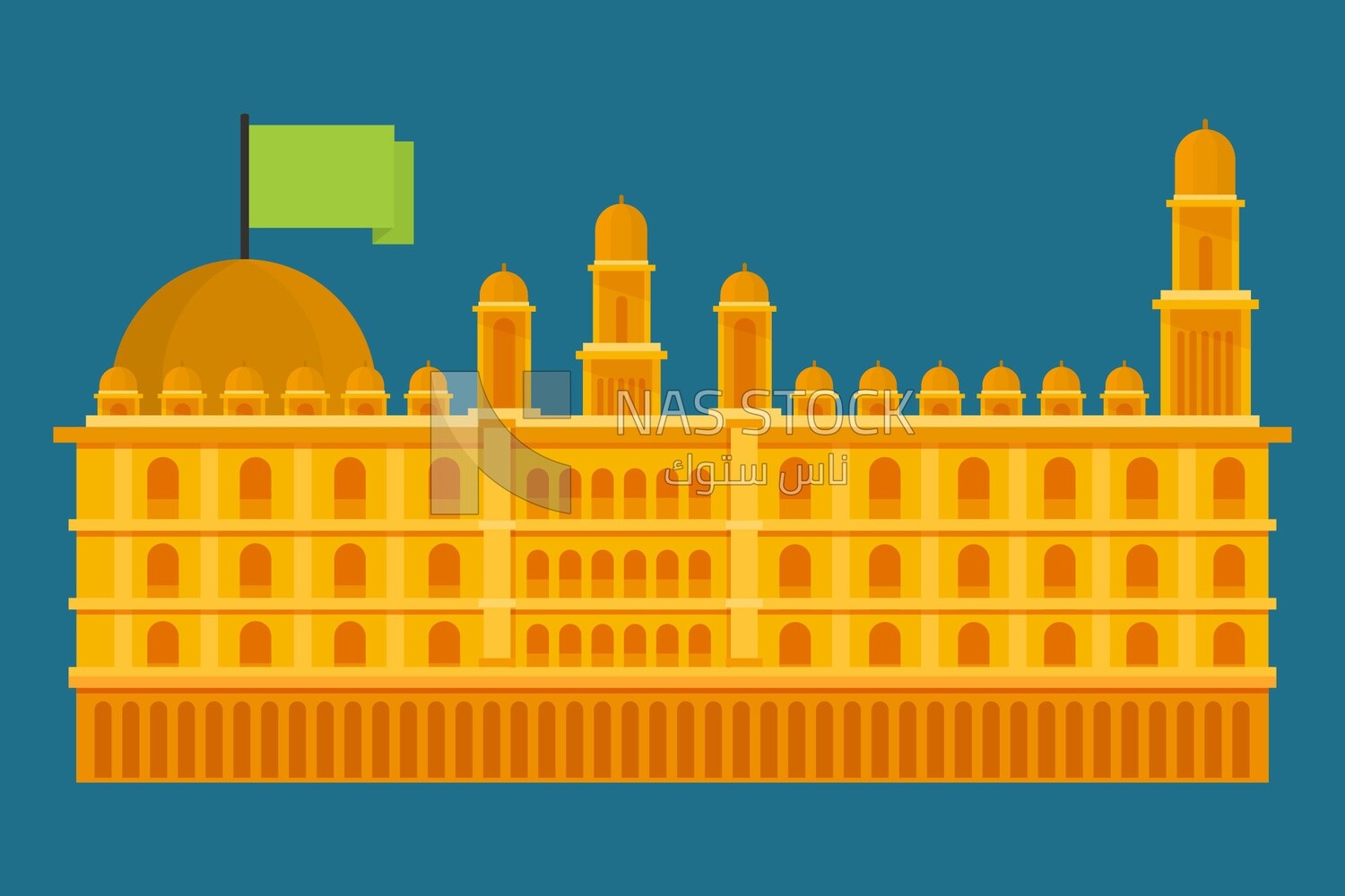Yellow building with the flag of Saudi Arabia, icons and templates, vector illustrator