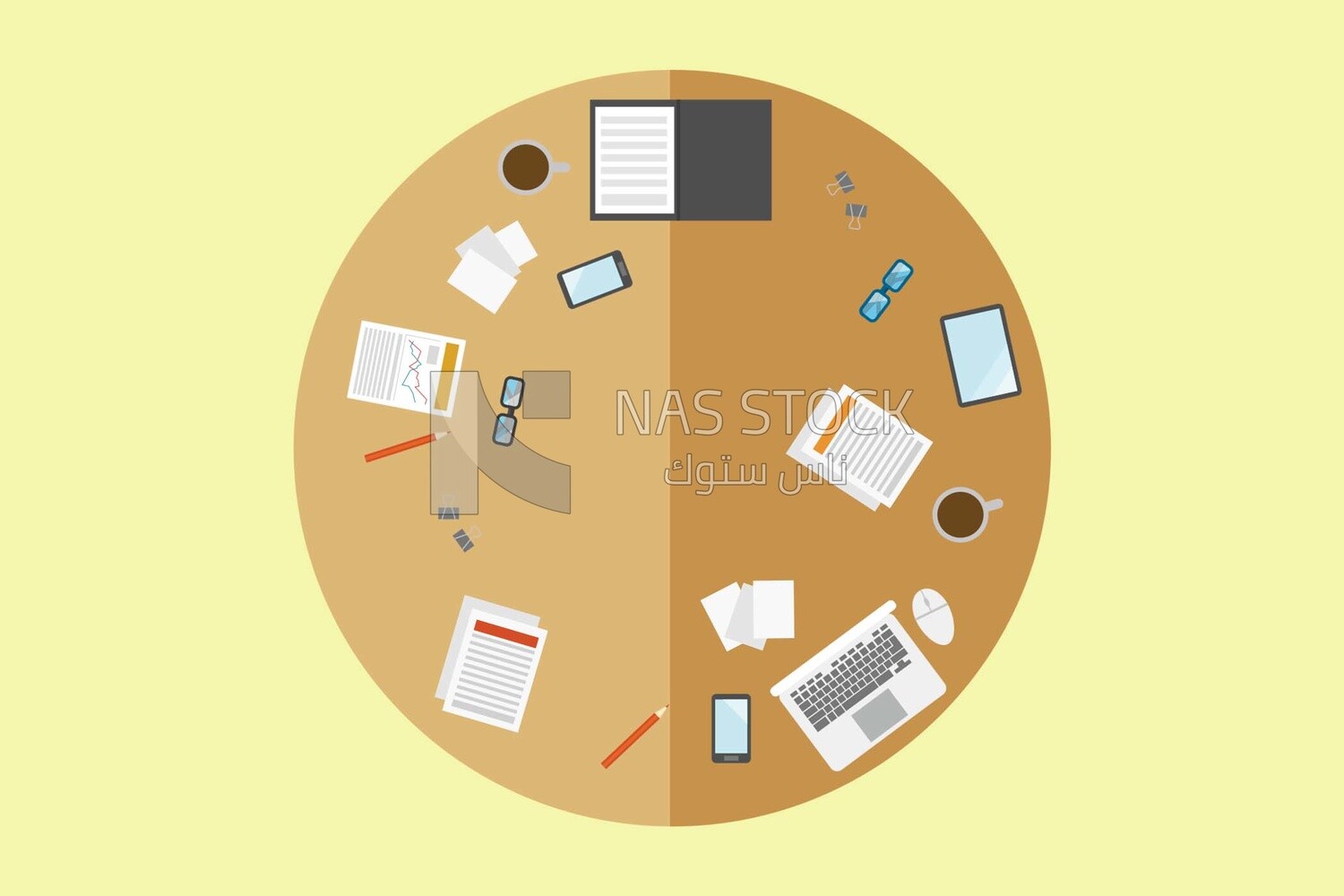 Meeting table with laptops and paper on it, icons and templates, vector illustrator