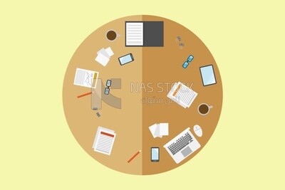 Meeting table with laptops and paper on it, icons and templates, vector illustrator