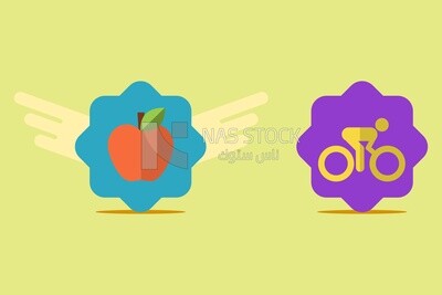 Icon of a man riding a bike beside a red apple, icons and templates, vector illustrator