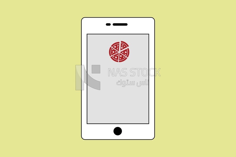 Tablet with a pizza sign on it, graphics, icons, vector illustrator.