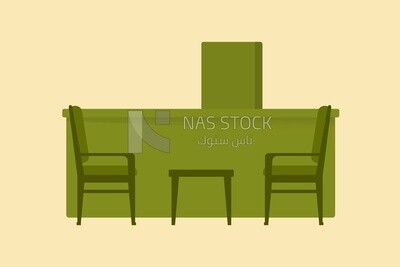 Green desk with chairs, graphics, icons, vector illustrator.