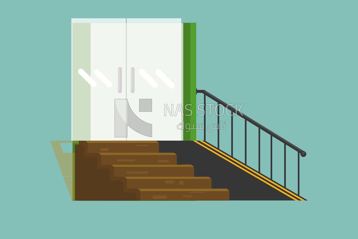 Glass door with stairs, graphics, icons, vector illustrator.