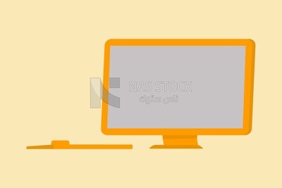 Desk with a computer screen, graphics, icons, vector illustrator.