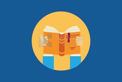 Hand holding a book in an orange circle, icons and templates, vector illustrator