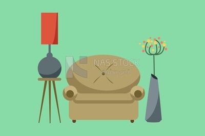 Chair beside a flower vase and a bedside table, icons and templates, vector illustrator