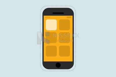 Phone with a yellow screen, graphics, icons, vector illustrator.