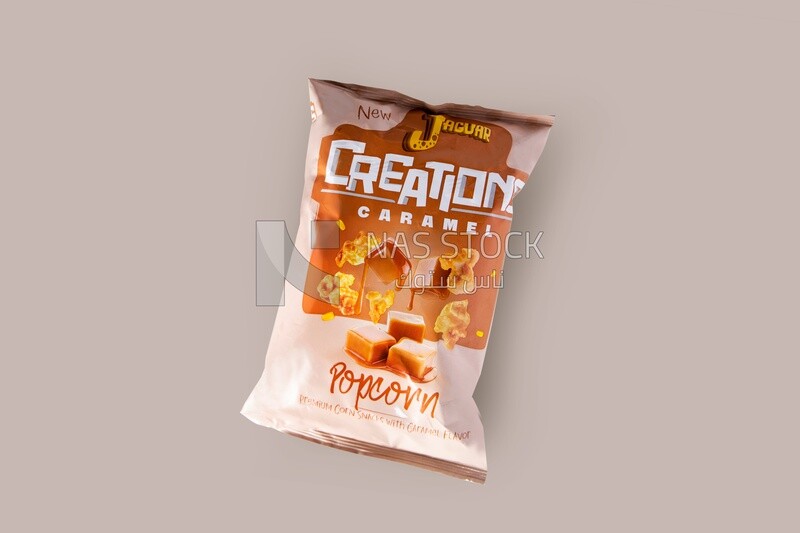 Bag of popcorn flavored with caramel