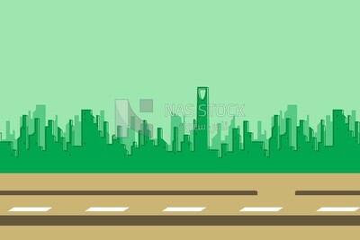 View of green buildings on the road, wallpaper, vector illustrator