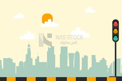 View of buildings in the city in the morning, wallpaper, vector illustrator