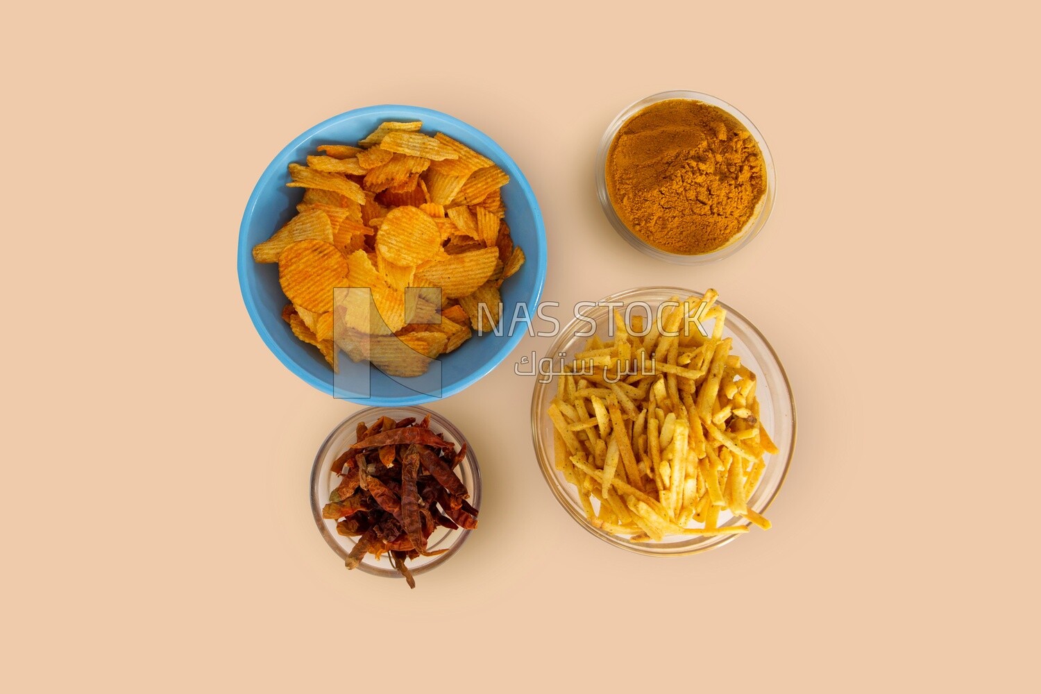 Crispy corn snacks and potato chips