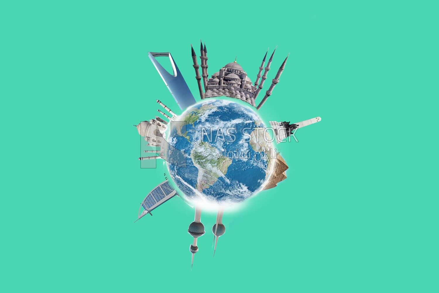 Planet earth with famous Arab landmarks