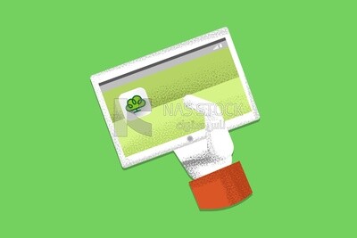 Hand holding a mobile with a green screen, icons and templates, vector illustrator