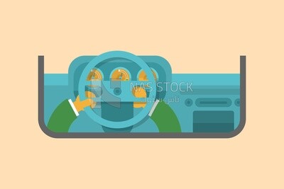Car dashboard with the driver&#39;s hand on the steering wheel