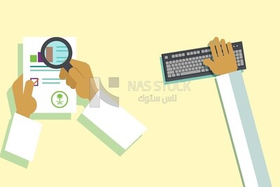 يد مع عدسة مكبرة تفحص تقارير واخرى تحمل لوحة مفاتيح