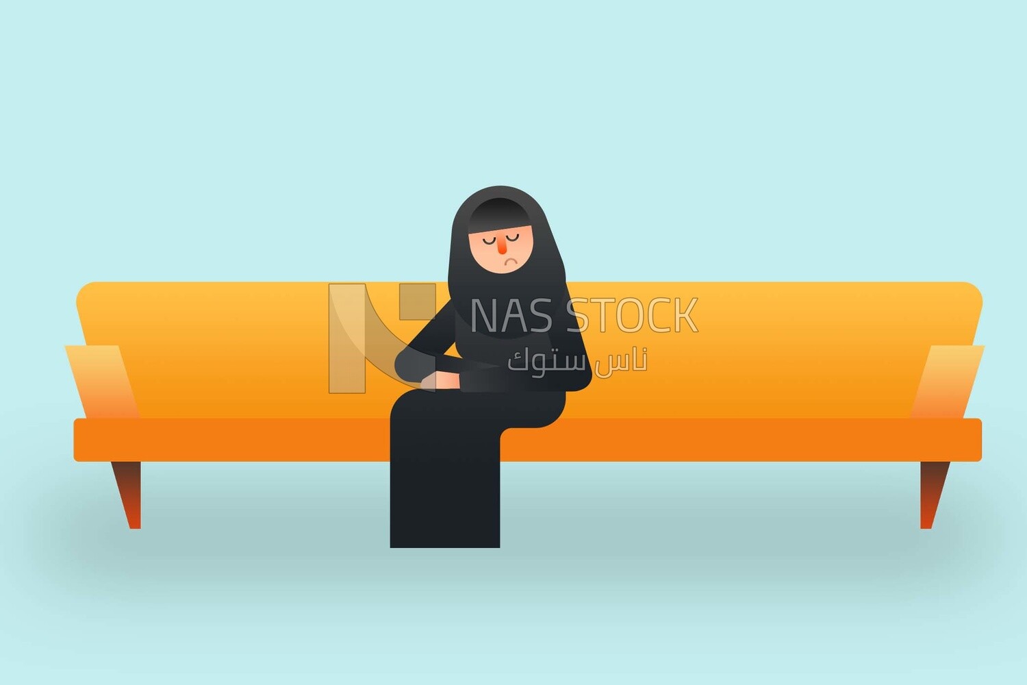 Veiled woman is sitting on a sofa