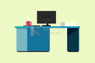 A desk with a computer screen