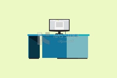 A desk with a computer screen