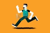 A man running and wearing earphones  on a yellow background