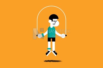 A boy doing jump rope on a yellow background