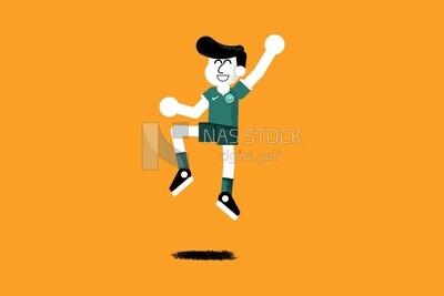 A person standing and raising his hands on a yellow background