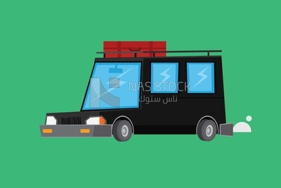 A black car with a red suitcase on top on a green background