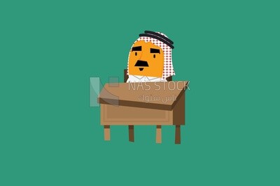A Gulf man sitting at a desk on a green background