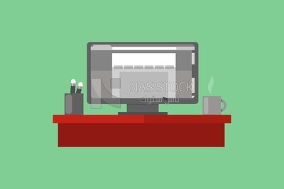 A desk with a computer screen