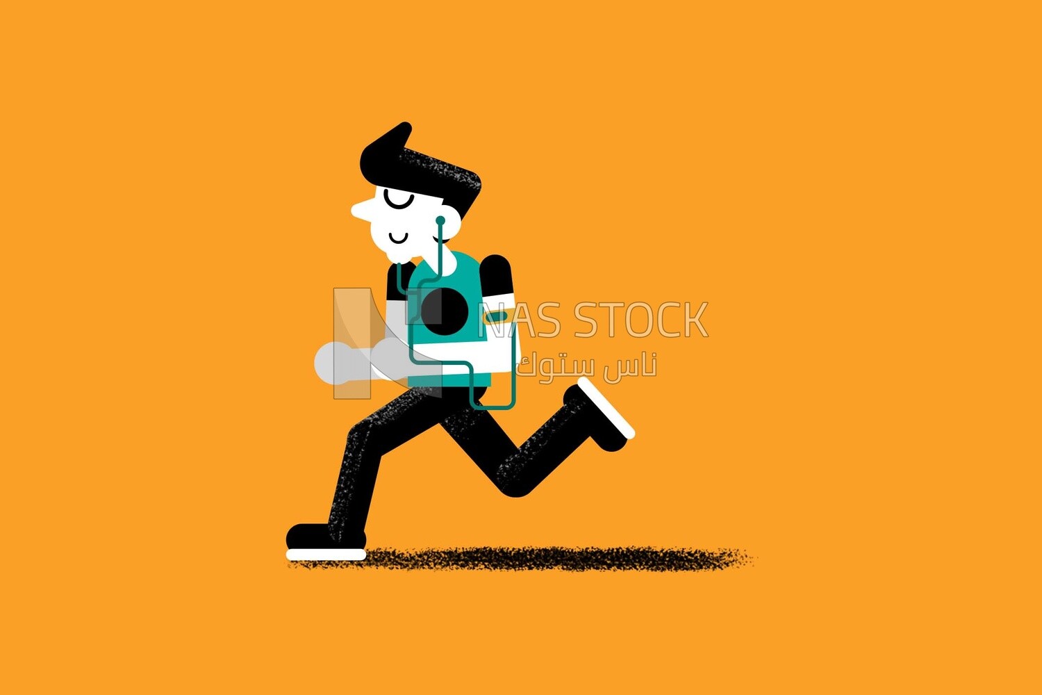 A man running and wearing earphones  on a yellow background