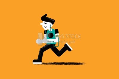 A man running and wearing earphones  on a yellow background